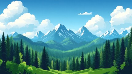 Fototapeta premium Majestic mountain range, lush forest valley, sunny sky, nature background, ideal for travel brochures