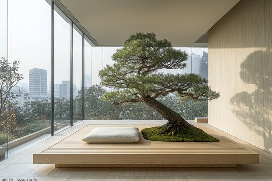 Zen-inspired meditation room with floating elements modern urban setting interior design calm environment serene viewpoint mindfulness concept
