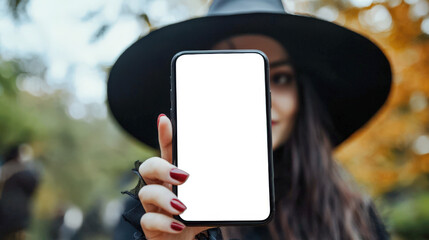 The witch shows the screen of her phone. A woman in a Halloween witch costume holds a cell phone with a white screen in her hand. A phone mockup for the presentation of a mobile app