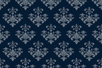 Elegant Ornamental Damask Pattern with Floral Motifs on Blue Background,.Vector Illustration for Elegant Textile design for wrapping,dress, silk, scarf, background, textile, carpet.