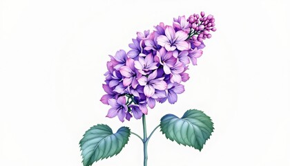 Fototapeta premium Elegant Lilac Flower Blossom with Green Leaves on a White Background