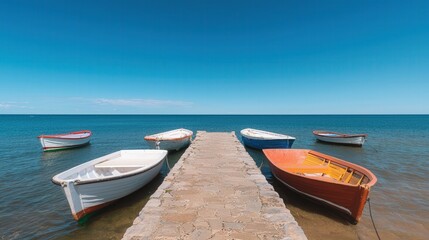 Fototapeta premium Mediterranean, harbor, tradition, A serene dock with colorful boats anchored in calm waters under a clear blue sky, creating a picturesque coastal scene.