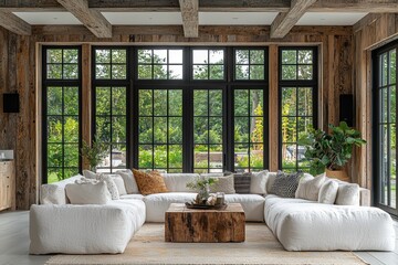 Stylish scandinavian farmhouse living room modern design cozy interiors natural light contemporary...