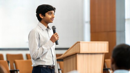 Indian Student Practicing Public Speaking – A student standing confidently, practicing speech delivery skills.	

