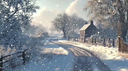Snowy country lane, cottage, winter, idyllic scene, Christmas card