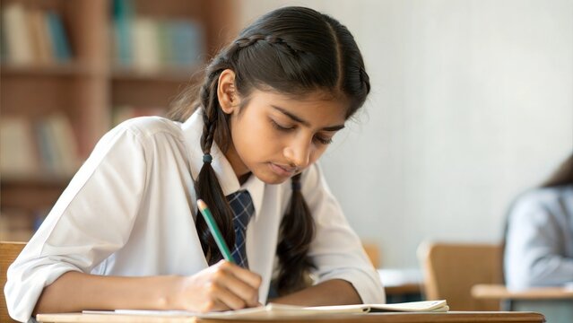 Indian female Student Doing Practical Math – A student solving complex math problems with focus and precision.	
