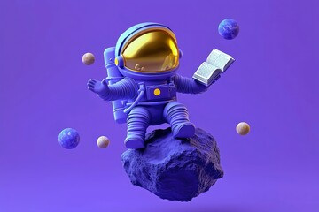 Astronaut Reading a Book on a Purple Asteroid in Space