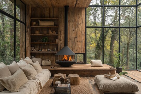 Modern rustic cabin with wooden walls and cozy fireplace serene forest setting interior design relaxing atmosphere warmth