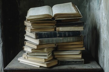 Fototapeta premium simple composition of many books, stack or pile of books on wooden table, one of them open with copy space. 