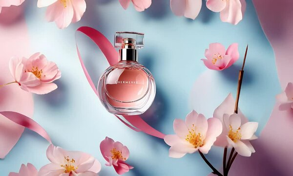 Pink perfume bottle, spring blossoms, ribbon, pastel background, advertising