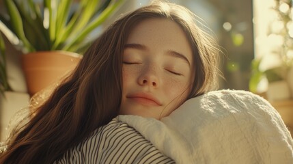 Girl Embracing Cozy Blanket in Sunlit Room with Indoor Plants for Calm and Relaxation Moments