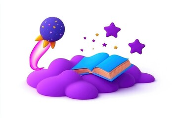 Magical Book on a Cloud with Shooting Star - 3D Render Illustration