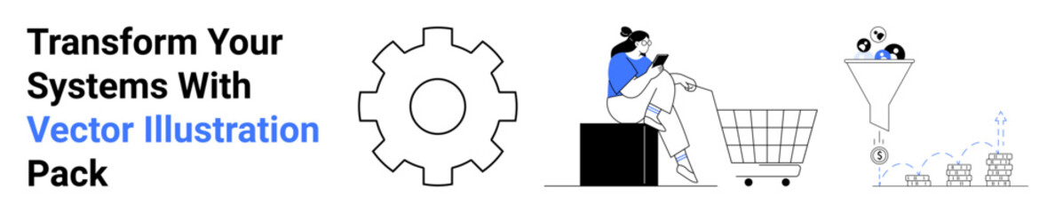 Gear for system processes, user on phone near shopping cart, data funnel with digital coins, and bar chart. Ideal for e-commerce, marketing, analysis, data optimization, business automation digital