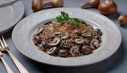 Fototapeta premium Savory buckwheat dish topped with mushrooms and sauce on an elegant plate, healthy meal, copy space 