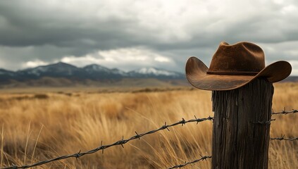 Worn cowboy hat on fence post, rural landscape, stormy sky, possible use for western theme advertisement