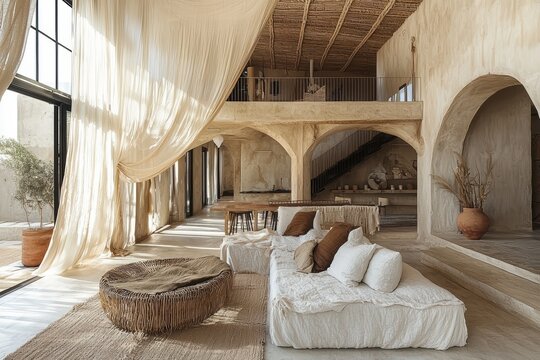 Stylish boho-chic loft interior design urban space photography minimalist environment wide-angle view modern aesthetic