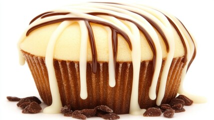 Delicious Cupcake Topped with Drizzled Chocolate and White Frosting on a White Background