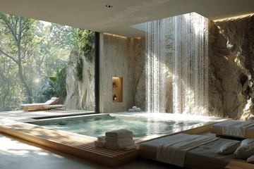 Fototapete Wasserfall Relaxing spa retreat with indoor waterfall tropical forest interior design modern oasis tranquil escape  © Somboon