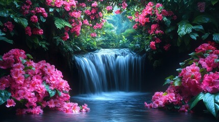 Scenic waterfall surrounded by vibrant pink flowers  
