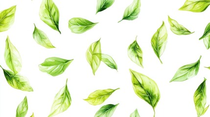 Falling green leaves, white background, nature pattern, design element