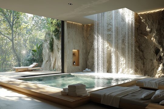 Relaxing spa retreat with indoor waterfall tropical forest interior design modern oasis tranquil escape