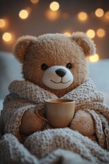 Obraz premium Cute teddy bear with cozy blanket and coffee with blurred background .