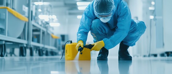 Cleaning professional sanitizing floor in hospital with protective gear, disinfecting surface in healthcare environment for infection control and safety