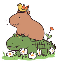  Unlikely Friends: Capybara Rides Alligator with Bird Perched Above