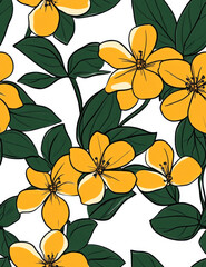 60's mod flowers with five petals, green leaves ad stems, oranges, yellows, greens, 