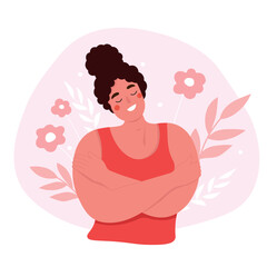 Happy woman with self-love, care and support. Vector flat graphics. The girl hugs herself.