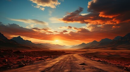 Naklejka premium Scenic Desert Road Under Vibrant Sunset Sky and Majestic Mountains