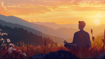 Obraz premium Silhouette of Buddha meditating against an orange sunset sky in the mountains