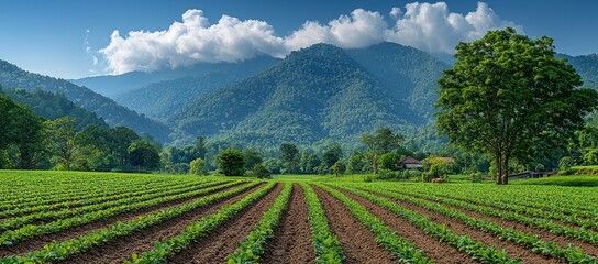 Fototapeta premium Mountain farm field crop rows sunny day