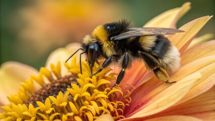 Busy Bumble Bee: A fuzzy bumblebee, with its distinct black and yellow stripes, diligently collects pollen from a vibrant orange flower.