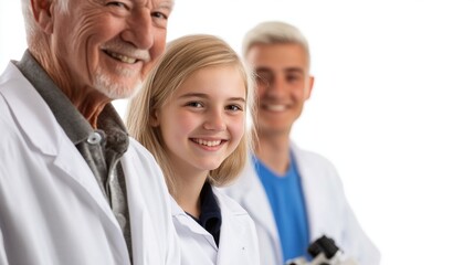 Fototapeta premium Group of Diverse Scientists Smiling Together in a Research Laboratory Setting with a Microscope