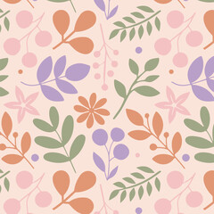 Seamless floral pattern with abstract leaves, flowers, and berries in pastel colors. Elegant botanical background for fabric, wallpaper, wrapping, and digital design.