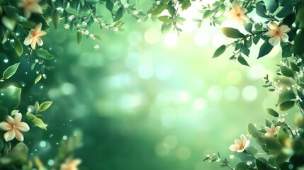 Obraz premium Lush greenery frame, sunlight bokeh background, nature scene, spring card