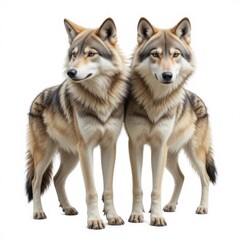 Fototapeta premium Two wolves standing together isolated on white