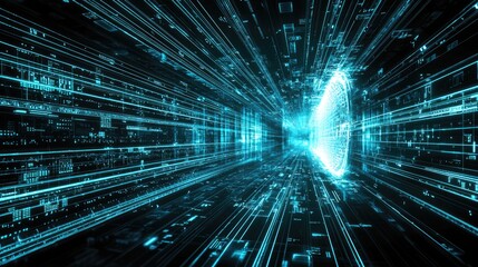 Obraz premium Futuristic digital tunnel with glowing lines and particles, conveying motion and technology