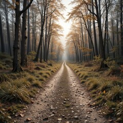 Obraz premium Autumn Pathway Through a Misty Forest