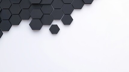 Abstract arrangement of black hexagonal shapes on a clean white background, ideal for modern design