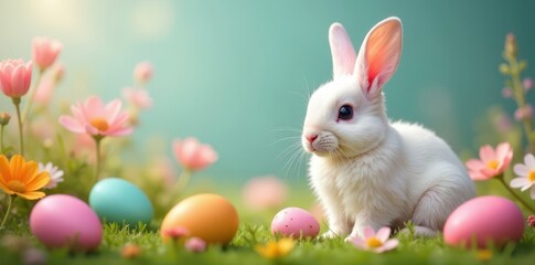 Fluffy bunnies nestled in pastel flowers, colorful eggs scattered around , rabbit, flowers, holiday