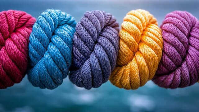 Colorful Rope Knots: A vibrant collection of colorful rope knots, intricately tied together, creating a visually appealing pattern against a blurred sea backdrop.
