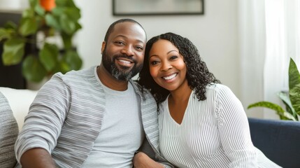 Obraz premium Couple Smiling Together at Home, Happy African American Man and Woman Enjoying Quality Time in Cozy Living Room Setting