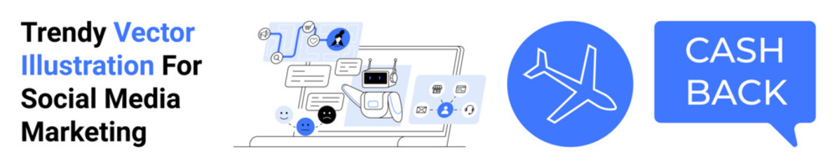 Laptop with social media marketing tools, travel airplane icon, cashback text bubble. Ideal for e-commerce, travel, cashback services, promotions, marketing campaigns, financial incentives flat