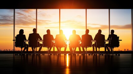 Silhouetted business team meeting at sunset, overlooking city skyline.