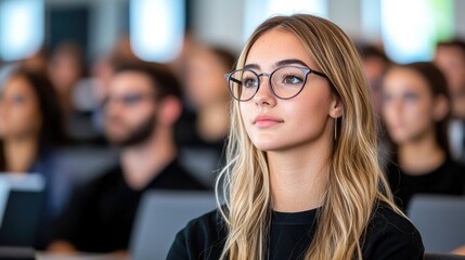 Young woman with glasses attentively listens in a lecture hall filled with other students.