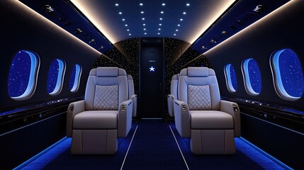 Fototapeta premium Luxurious private jet cabin interior at night, featuring comfortable seats, starry ceiling, and blue ambient lighting.