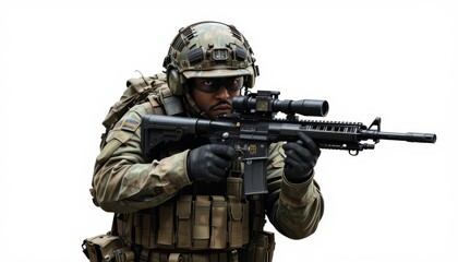 Camouflaged soldier aiming rifle