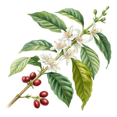 Watercolor coffee plant branch with white flowers, green leaves, and red beans isolated on transparent background  